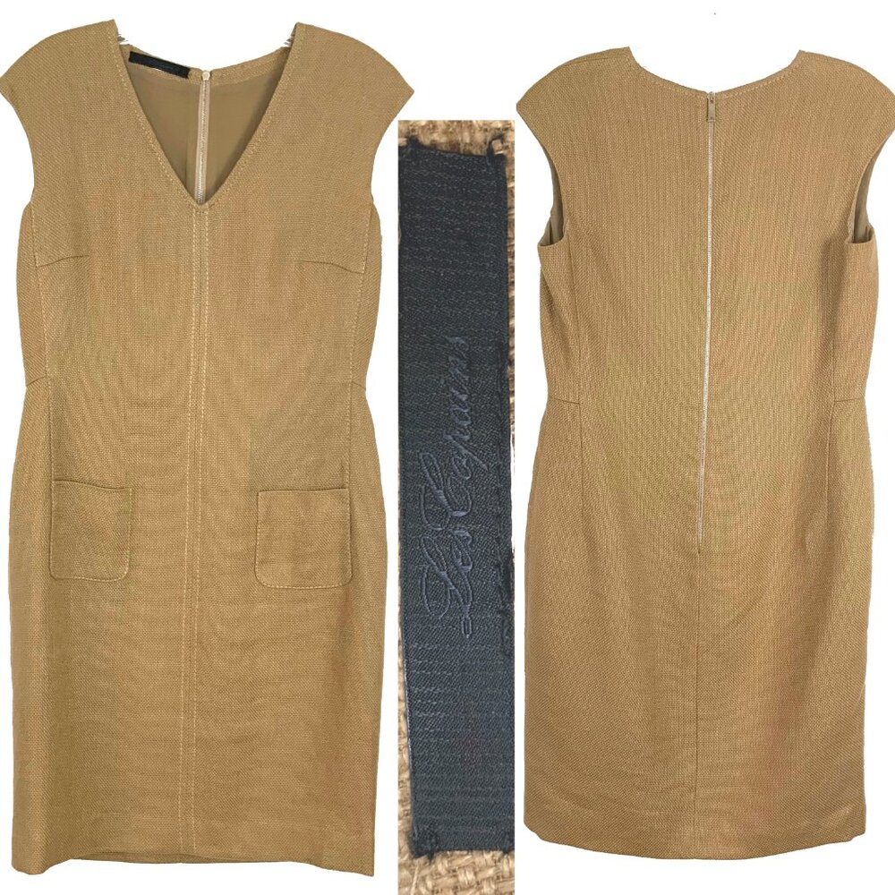 Les Copains BVM SPA Tan Textured V Neck Sleeveless Linen Blend Dress Sz 42 (6)